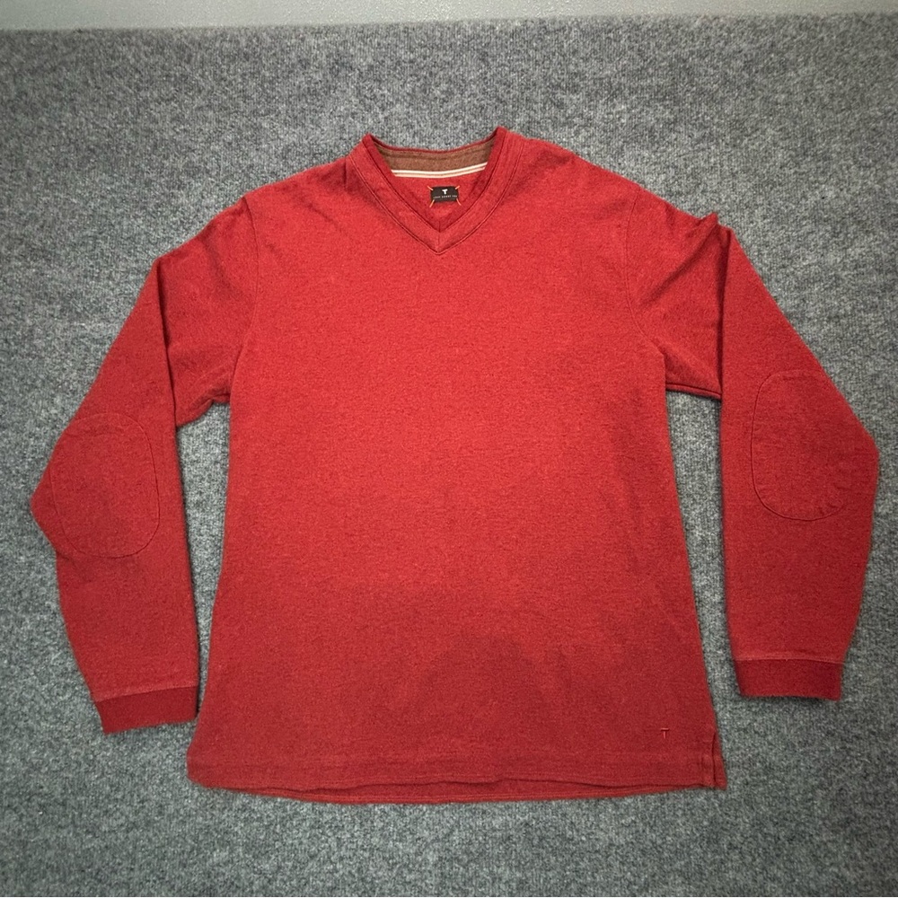 Left Coast Tee Pima Cotton V-Neck Sweater Red Elbow Patches Men's Size L Peru - Picture 2 of 13